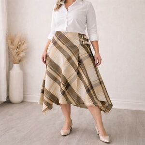 NYGARD Cream Brown Plaid Asym Wrap Midi Skirt Linen Blend D-Ring US 14